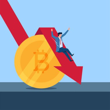 İşadamı kripto para biriminin yanında haritadan düşer. İş düz vektör çizimi.