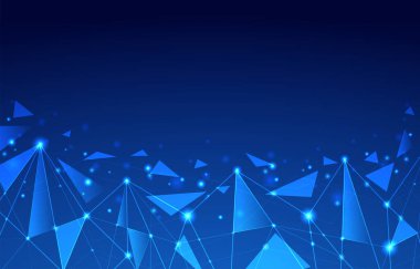 Soyut fütüristik üçgen teknolojisi, koyu mavi arka planda çokgen şekilleri var. Pankart, flayer, vb için zarif bir tasarım şablonu.