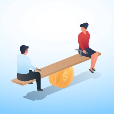 Erkekler ve kadınlar eşit olarak salıncakta oturuyor, cinsiyet eşitliği için bir metafor.