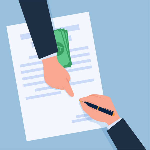 Рука указывает на область подписи, а под ней деньги, метафора для соглашения о взяточничестве