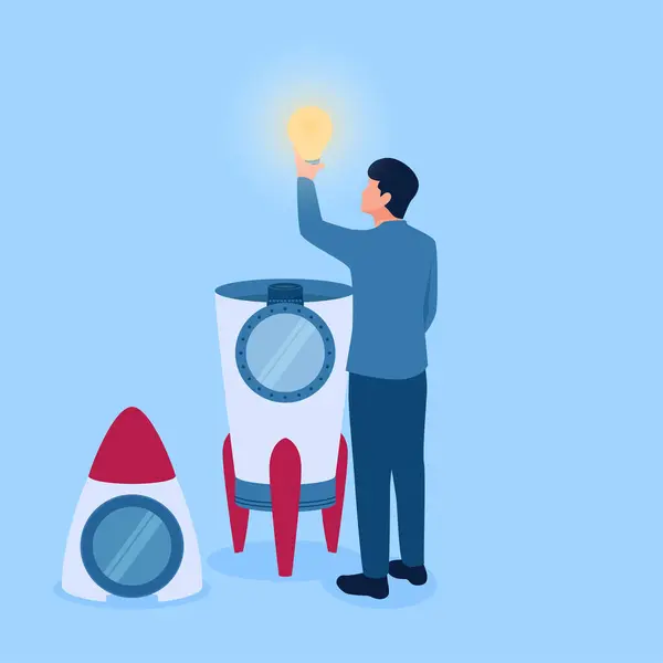 Person Takes Idea Lamp Rocket Metaphor Idea Innovation — Stock Vector