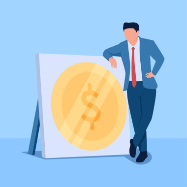 İnsanlar sahte para posterlerinin önünde poz veriyor, Ponzi 'nin zenginliğiyle ilgili bir metafor. Basit düz kavramsal çizim.