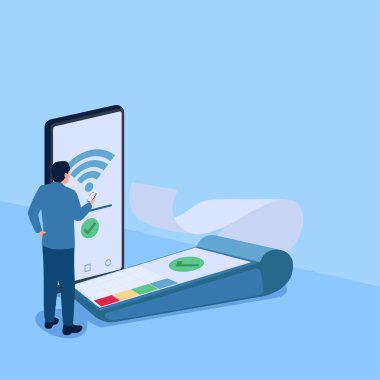 Fatura ödeme makinesinin yakınındaki telefondan başarılı bir ödeme bekleyen kişi. Temassız ödemenin bir metaforu. Basit düz kavramsal çizim.