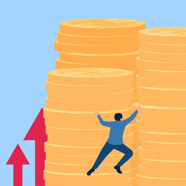 Person Climbing Stack Coins Metaphor Salary Increase Simple Flat Conceptual — Stock Vector