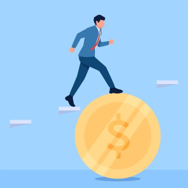 İnsanlar içi boş merdivenlerden madeni paraların yardımıyla geçiyorlar. Ticari iyiliklerin metaforu. Basit düz kavramsal çizim.