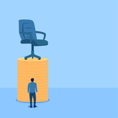 Bozuk para yığınının tepesinde yüksek bir sandalye görülür. Ofisin yozlaşması için bir metafor. Basit düz kavramsal çizim. boşalt