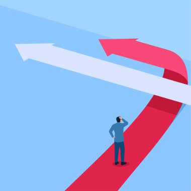 Bir ok, başka bir oku takip etmek için dönüyor. İş aksaklığı için bir metafor. Basit düz kavramsal çizim.