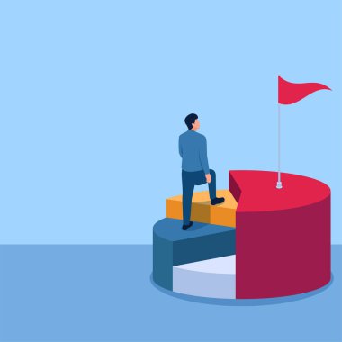 Erkek en büyük pasta grafiğine doğru yükselir, pazar payı için bir metafor. Basit düz kavramsal çizim.