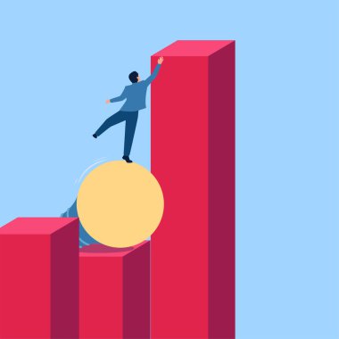 Fikir Lambası 'na binen adam, risk metaforu olarak listelerin tepesine ulaşır. Basit düz kavramsal çizim.