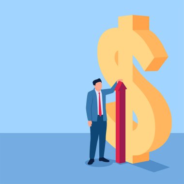 Büyük bir para sembolünün yüksekliğini ölçen adam, değerlendirme için illüstrasyon.