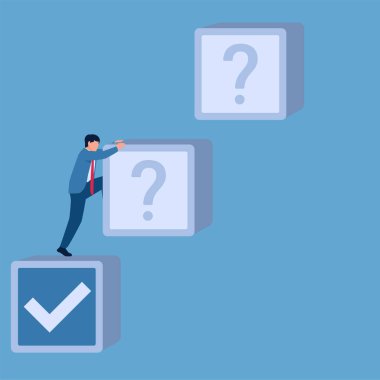 Soru işaretiyle kutuya tırmanan adam, planlama için çizim.