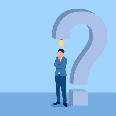 Büyük soru işaretinin altında çenesini tutan adam, problem için illüstrasyon.