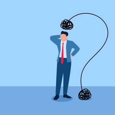 Kafasının üstünde karmaşık çizgiler olan bir adam yere düşüyor ve bir soru işareti oluşturuyor..