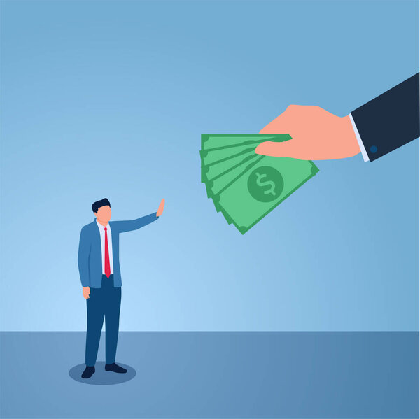 Man raises hand refusing money given by big hand of his boss, illustration of refusing bribe.