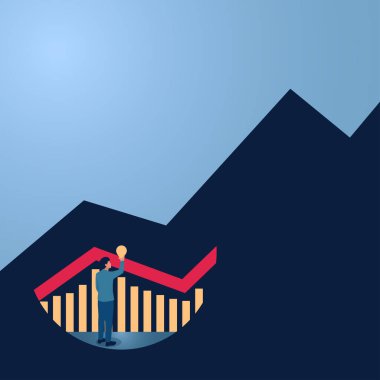 Elinde lamba tutan bir adam yükselen bir iş satış grafiğini aydınlatıyor, iş dünyasını keşfetmek için bir illüstrasyon, piyasa tahminleri, başarı yolculuğu..