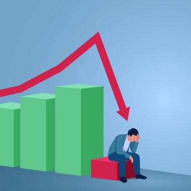 Grafik aniden düşerken hayal kırıklığına uğramış bir adam oturuyor. Düşen eğilimler, ekonomik kriz, düşen piyasa ve borsa çöküşü için çizimler..