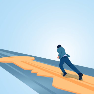 Anahtardan yapılmış bir köprüde koşan bir adam. İş anahtarları, iş sistemleri ve stratejiler, fırsatlar ve motivasyon için illüstrasyon.