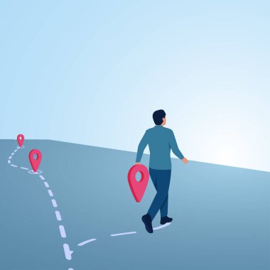 Bir adam konum broşunu rehberden uzağa taşır. Kendi iş yolunuzu çizmek, kariyer planlaması, beceri geliştirme, profesyonel yol.