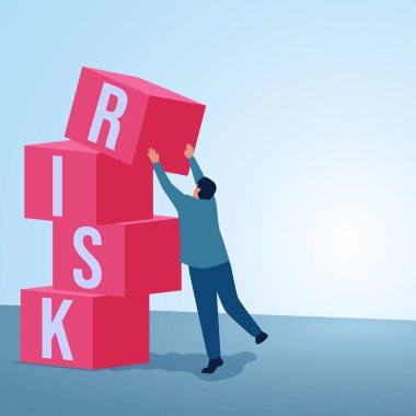 Bir adam, üzerine düşmek üzere olan bir kutu dolusu risk taşıyor. Risk yönetimi, iş hataları, strateji ve planlama.