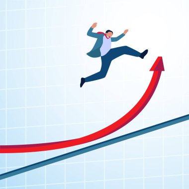 Ok grafiği yükselirken bir adam yükseğe sıçrar. Üstel büyümenin, hızlı büyümenin ve şiddetli gelişimin bir yansıması.