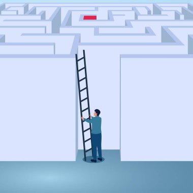 Labirente tırmanmak için merdiven taşıyan bir adam. Kuralları çiğnemek, özgürlük, yenilik ve kutunun dışında düşünmek için bir ilüzyon.