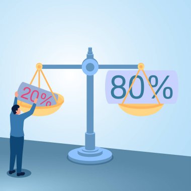 A man puts the number 20 on the scale and it balances with the number 80. Illustration for the Pareto principle in business. clipart