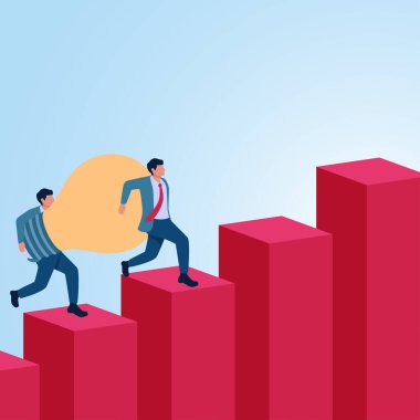 İki adam bir lambayı grafik merdivene taşıyor. İşbirliği, liderlik ve birleşme illüstrasyonu.