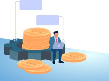 Paralı pasta grafiğinin üstünde dizüstü bilgisayar tutan bir adam. Finansal yönetim, mali planlama ve düzenleme.