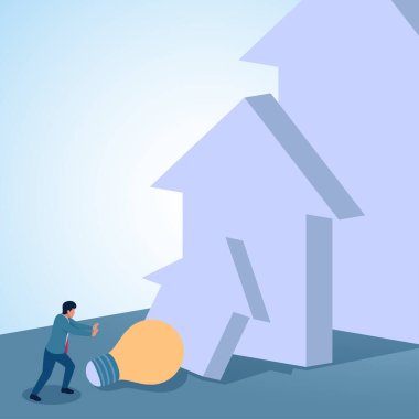 Bir adam domino etkisi yaratmak için lambayı itiyor. Bir fikrin değeri, değerli düşünceler ve sınırsız yaratıcılık..