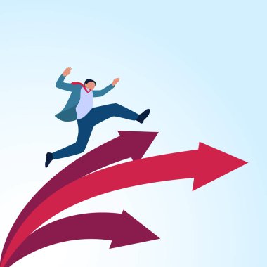 Zıplayan bir adam ve bir dal oku. Ticari genişleme, imtiyaz geliştirme ve genişleyen işletme için mecazi bir örnekleme.