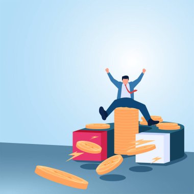 Bozuk para emen mıknatıs üzerinde mutlu bir adam. Ücretsiz madeni paralar, ikramiyeler, indirimler ve referanslar için mecazi illüstrasyon.