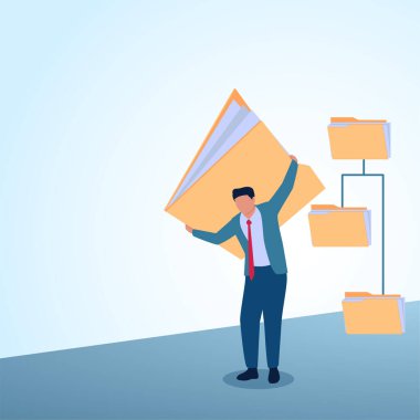 Kafasında büyük bir dosya taşıyan bir adam. Veri arşivleme, dosya düzenleme ve belge erişimi için mecazi bir illüstrasyon.