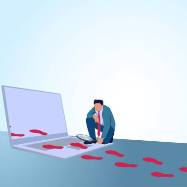 Bir adam laptop ekranına giren ayak izlerini gözlemliyor. Dijital ayak izleri, tarayıcı geçmişi ve izleme için mecazi bir illüstrasyon.