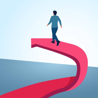 Yön değiştiren bir ok üzerinde yürüyen bir adam. Daha iyi bir değişim, değişen fırsatlar ve iş stratejileri için mecazi bir örnekleme.