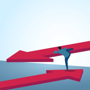 Farklı bir yöne doğru ok süren bir adam. Daha iyi bir değişim, değişen fırsatlar ve iş stratejileri için mecazi bir örnekleme.