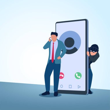 Bir adam telefonu kaldırır ve arkasında bir hırsız pusuya yatar. Sahte telefon görüşmeleri, dolandırıcılık ve şantajın mecazi bir çizimi..