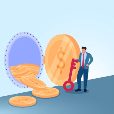 Bir adam elinde bir sürü parayla bir kasanın önünde duruyor. Mali anahtarlar, zenginlik ve başarı için mecazi bir illüstrasyon.