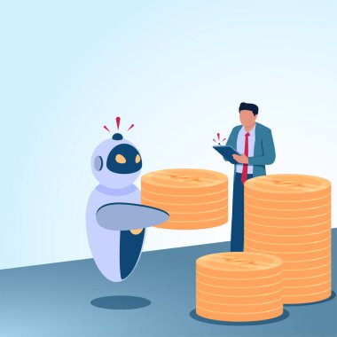 Para kazanmak için robotu kontrol eden bir adam. Yapay zekayla çalışmanın, internetten para kazanmanın ve serbest çalışmanın metaforik bir gösterimi..