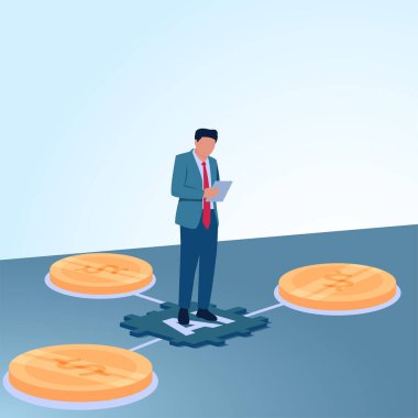 Parayla bağlantı kurmak için robot çipine basan bir adam. Yapay zekayla çalışmanın, internetten para kazanmanın ve serbest çalışmanın metaforik bir gösterimi..