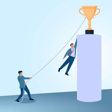 Bir adam bir iple zirvenin tepesinden bir kupa çeker. Kısayollar, stratejiler ve en kısa yol için mecazi bir illüstrasyon.