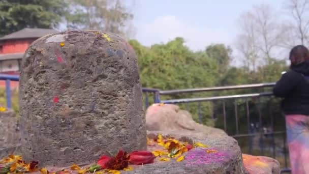 Hindu Religiös Rock Omgiven Blomma Framför Kvinna Och Flora Handhållen — Stockvideo
