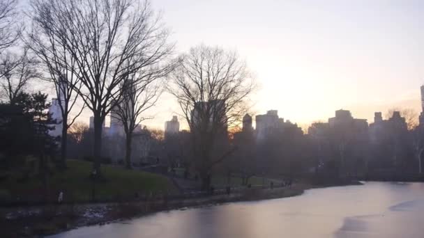 日落时中央公园的水源和城市的天际线 左至右影像 — 图库视频影像