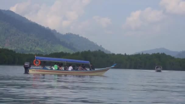 Barco Com Turistas Fonte Água Cercado Por Flora Montanhas Filmagem — Vídeo de Stock