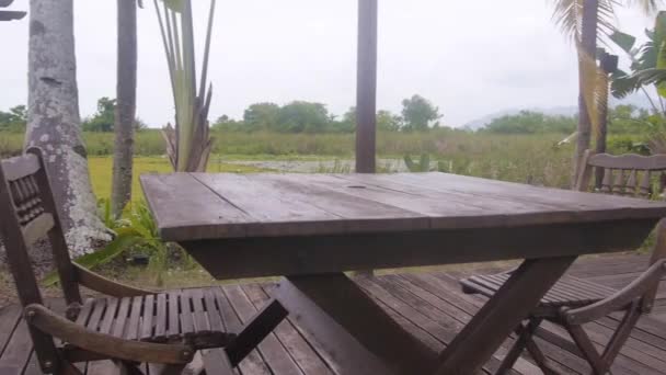 Holzstühle Und Tische Umgeben Von Bungalows Und Flora Von Links — Stockvideo