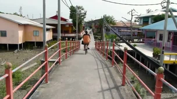 Hombre Una Bicicleta Pasa Por Puente Estática — Vídeos de Stock