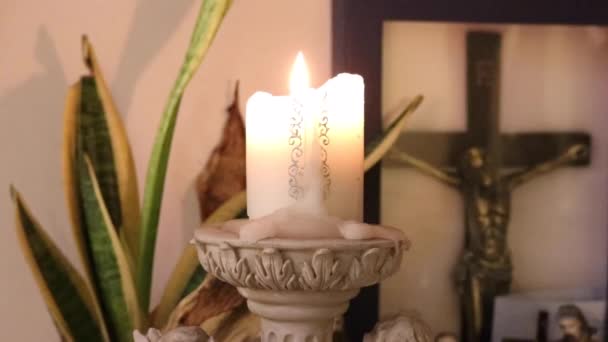 Burning Candle Christian Altar Close — Stock Video