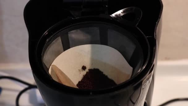 Filling Coffee Machine Grounded Coffee Close — Stockvideo