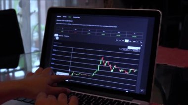 Kadınlar BTC 'de 30 gün boyunca dizüstü bilgisayarda Candle Stick çizelgelerine bakıyorlar.