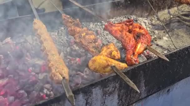 Chicken Skewers Coal Grill Food Stall Malaysia Close — стокове відео