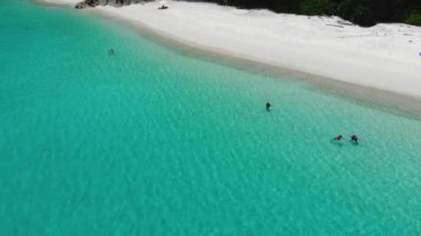Beyaz kum sahil şeridi yakınlarında yüzen insanların havadan görünüşü